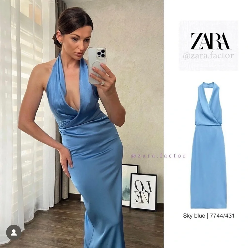 Zara blue satin effect halter top ruched open back midi slip dress NWT - Picture 8 of 16